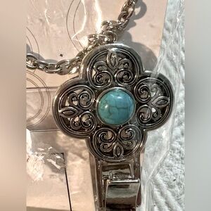 ID Tag Glasses Holder NWT Silver Tone Mosaic Turquoise 30” Chain Boho